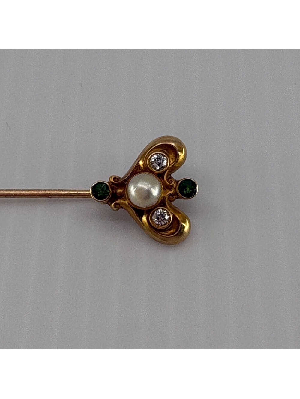14K Marked Stick Pin Pearl Green Clear Stones Gold Tone Jewelry - Picture 4 of 10